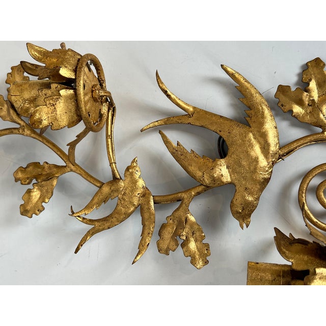 1970s French gilded metal bird wall sconces in the style of Maison Baguès - a Pair For Sale - Image 6 of 12