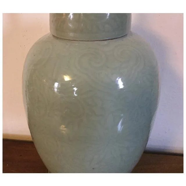 Celadon Antique 19th Century Chinese Monochrome Porcelain Jar Vase Urn With Incised Decoration and Celadon Glaze Mounted as a Lamp For Sale - Image 8 of 13