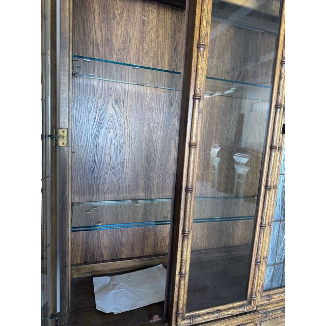 Vintage Coastal Faux Bamboo China Display Curio Cabinet Rattan Wood Glass For Sale - Image 17 of 17
