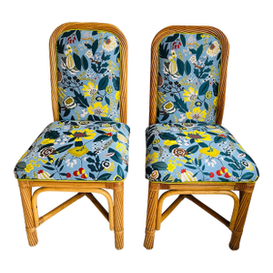 Vintage Pencil Reed Rattan Dining Chairs Newly Upholstered in Designtex Blossom Fabric- Set of 2