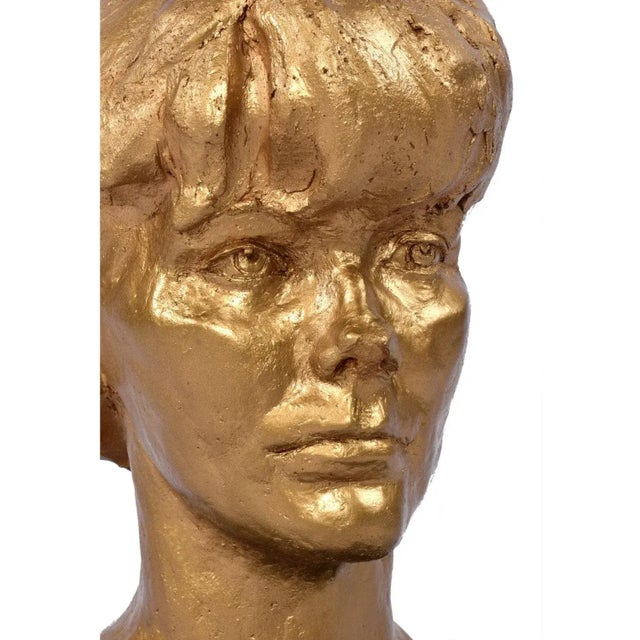 Sendelbach Signed Gold Painted Clay Bust of Young Boy on Slate Base For Sale - Image 4 of 12