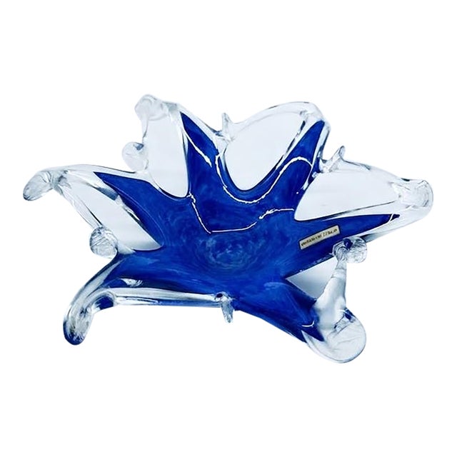 Vintage Murano-Style Hand-Pulled Blue and Clear Art Glass Dish For Sale