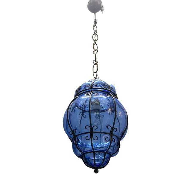 Wrought Iron and Murano Glass Pendant Light, 1980s For Sale