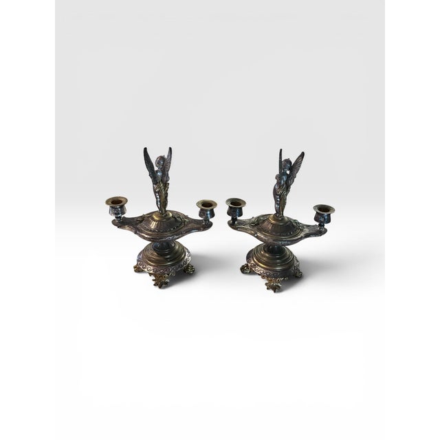 Victorian Pair of Antique Victorian Silver Plate Cherub Two-Light Candlesticks For Sale - Image 3 of 12