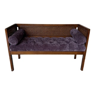 1950s Vintage Mid-Century Modern Tufted Cane Back Bench For Sale