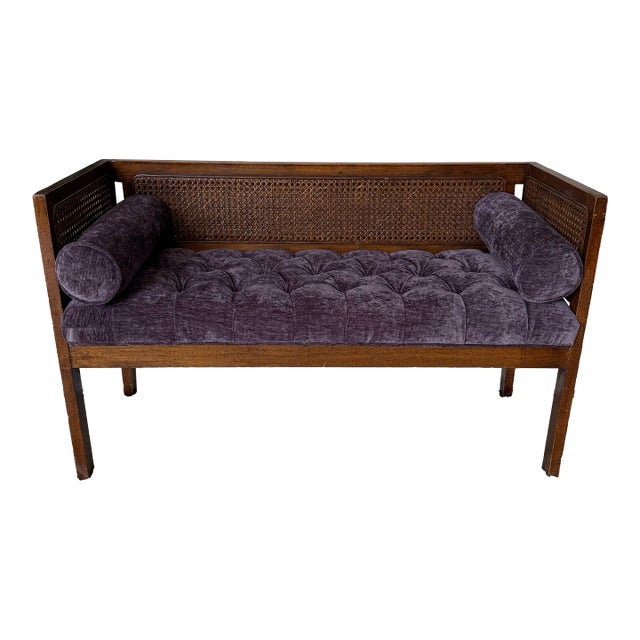 1950s Vintage Mid-Century Modern Tufted Cane Back Bench For Sale