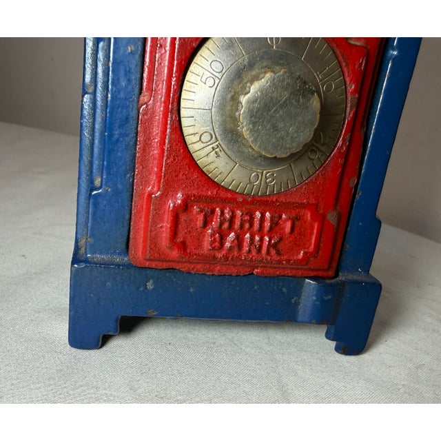 Antique Cast Iron Champion Safe Red Blue Art Deco Thrift Still Bank Geneva Ohio For Sale In New York - Image 6 of 12