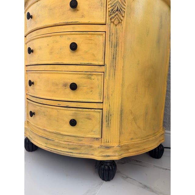 Vintage French Provincial Serpentine Dresser – Hand‑Painted Yellow Chest With Black Granite Top – Curved Front, Distressed Finish For Sale In Naples, FL - Image 6 of 8