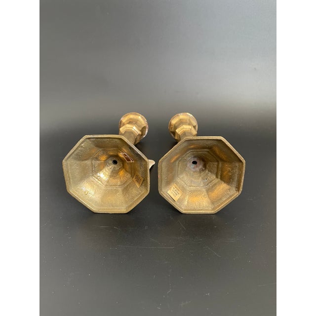 1990s Vintage Brass Octagonal Column Candlesticks For Sale - Image 5 of 12