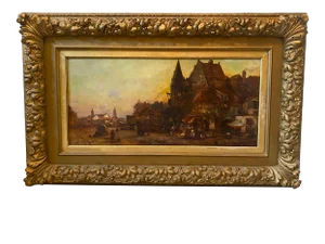 Mid 18th Century European Village Scene Oil Painting, Framed