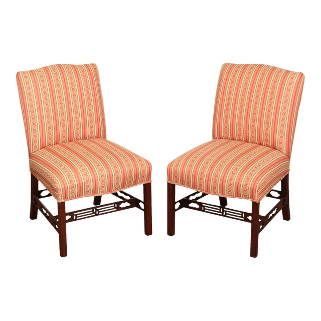 Chippendale Style Custom Upholstered Pair Of Mahogany Side Chairs For Sale