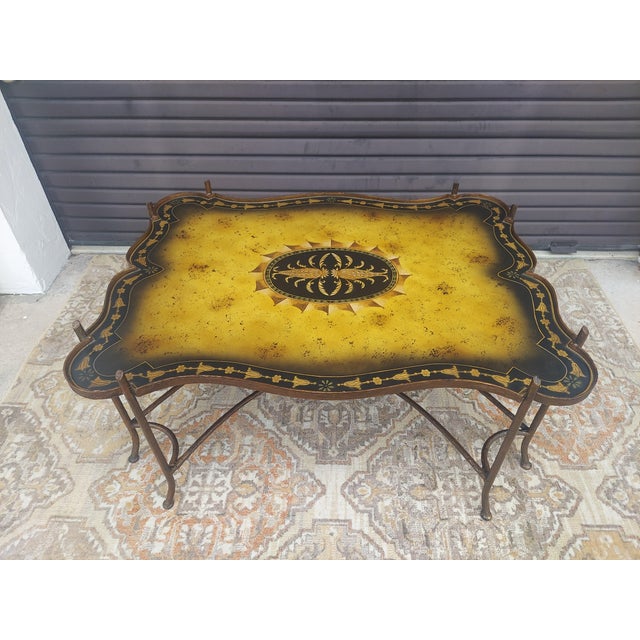 1990s Iron Faux Bois Maitland Smith Style Coffee Table Features a Double Curved X Base. For Sale - Image 14 of 15