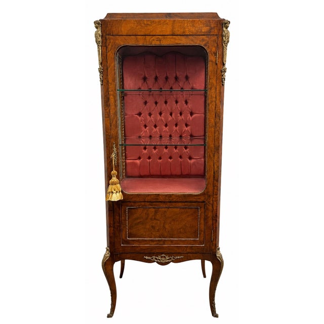French Antique French Walnut & Ormolu Mounted Vitrine Display Cabinet With Tufted Fabric Interior For Sale - Image 3 of 10