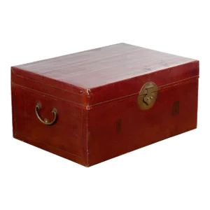 Early 20th Century Chinese Red Lacquered Leather Trunk with Calligraphy