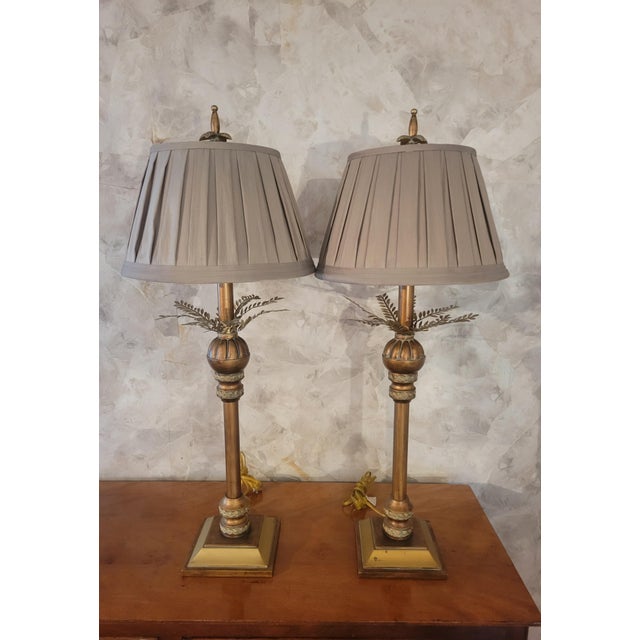 Vintage Gold Gilt Hollywood Regency Palm Frond Pleated Shades Table Lamps- A Pair For Sale In West Palm - Image 6 of 8
