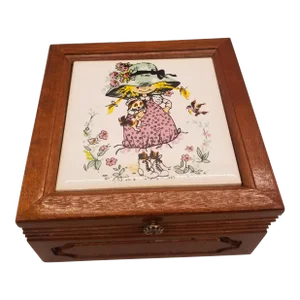 Vintage 70's Purple Velvet Jewelry Box With Holly Hobbie Tile
