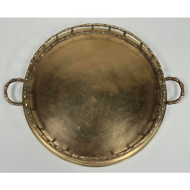 Vintage Round Brass Faux Bamboo Gallery Tray For Sale - Image 4 of 7