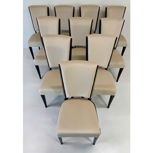 Vintage French Dining Chairs in Black Lacquer and Beige Velvet, 1980s, Set of 10 For Sale - Image 6 of 11