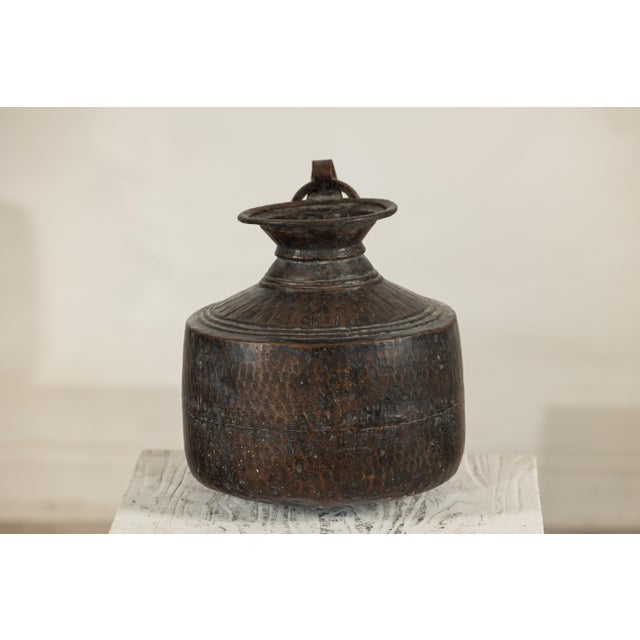Brown Hand-Hammered Indian Metal Milk Jug with Ring Handle, Vintage For Sale - Image 8 of 18