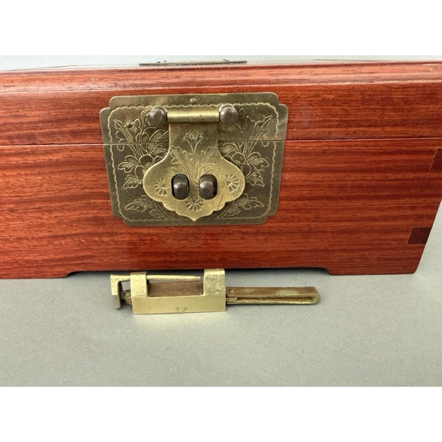 Chinese Asian Wooden Jewelry Box Brass Red Lined Trinket Chest W/Key + Lock Vintage For Sale - Image 18 of 18