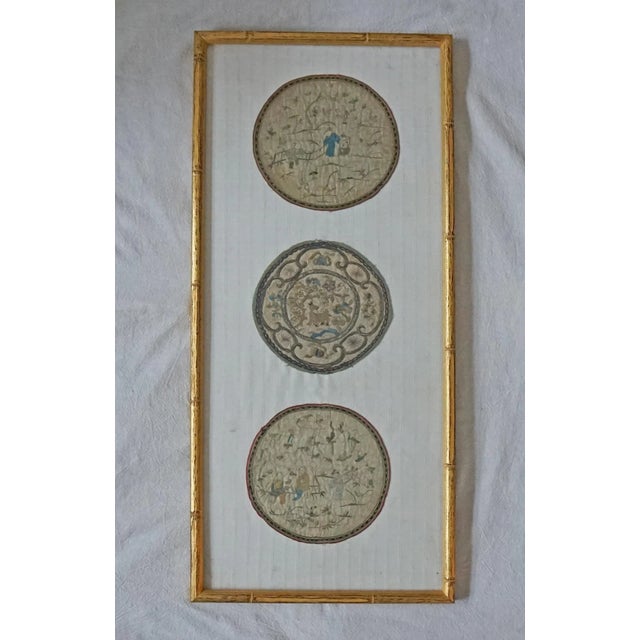1900 - 1909 Antique Framed Chinese Qing Dynasty Embroidered Silk Rondels For Sale - Image 5 of 5
