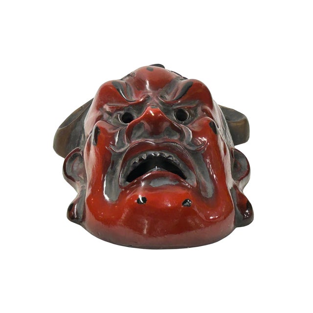 Wood Vintage Asian Black Red Lacquer Demon Guardian Wood Mask Display Art For Sale - Image 7 of 9
