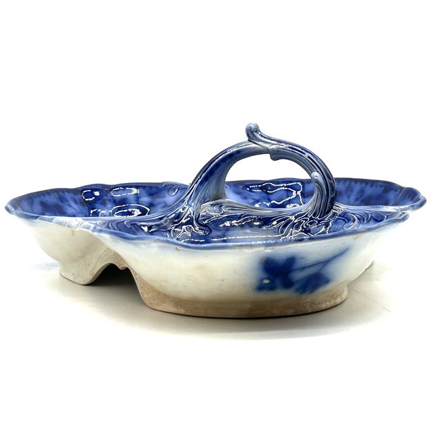 Antique Flow Blue Serving Bowl with Handle 1900s For Sale - Image 5 of 17