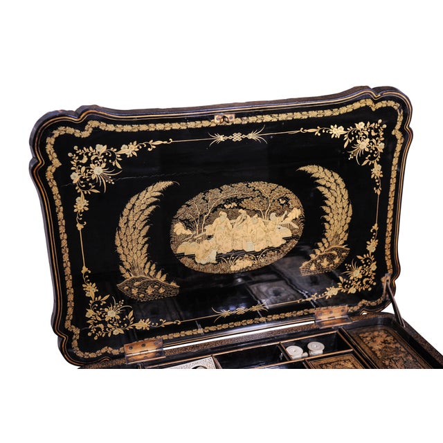 Hollywood Regency Regency Chinese Qing Chinoiserie Hand-Painted Lacquered Sewing Table For Sale - Image 3 of 14