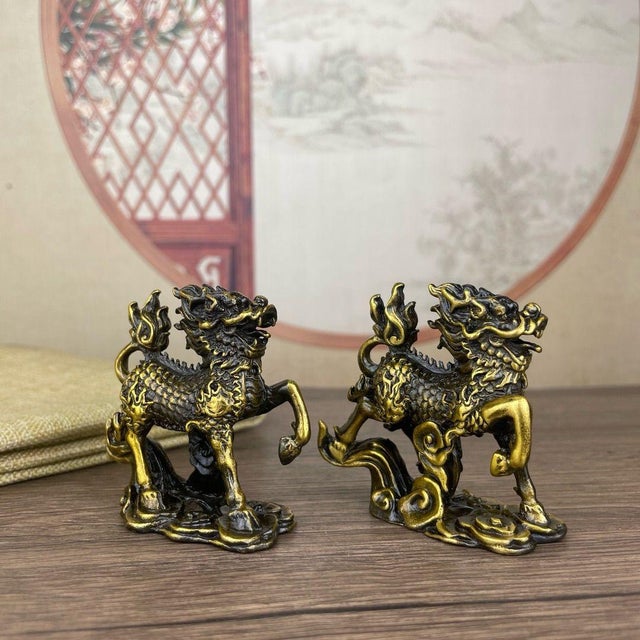 Metal Pair of Gilt Bronze Qilin Statues – 2.2" Mythical Beast Figures on Cloud Bases For Sale - Image 7 of 8