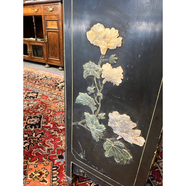 Antique Chinese Black Lacquer Cabinet W Jade Inlay of Bird & Floral Motif For Sale - Image 9 of 17