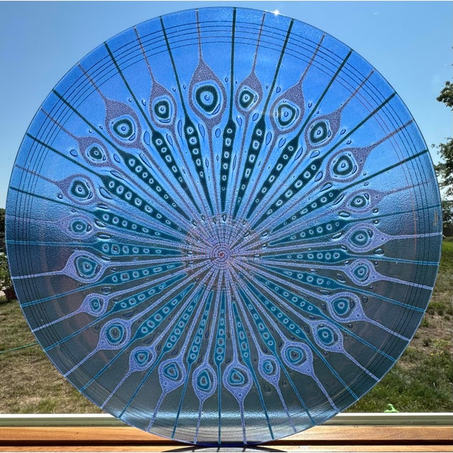 Blue Mid Century Modern Monumental 17” Fused Glass “Peacock” Charger by Higgins Studio For Sale - Image 8 of 11