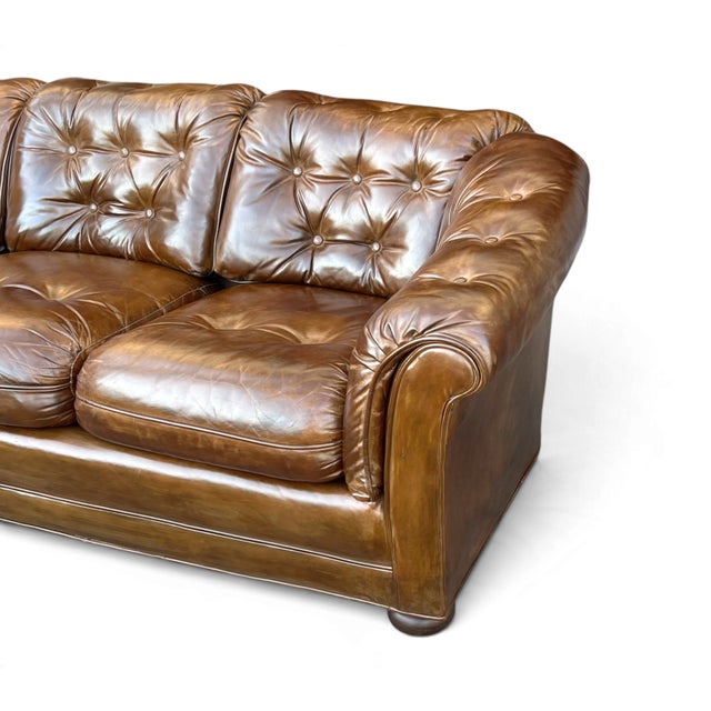 Vintage Chesterfield-Style Cognac Brown Leather Sofa With Button Tufting and Rolled Arms For Sale - Image 11 of 14