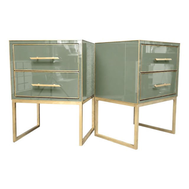 Sage Green Murano Glass Nightstands with Brass Frames from Justfurnituress SRL, Set of 2 For Sale