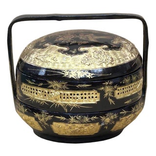 Vintage Oriental Black Golden Graphic Stack Wedding Basket Display For Sale
