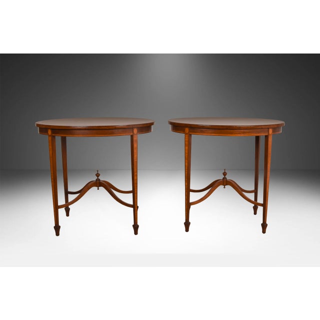 Brown Early 20th Century Pair Edwardian-Style Mahogany and Satinwood Inlaid Oval Occasional Tables For Sale - Image 8 of 11