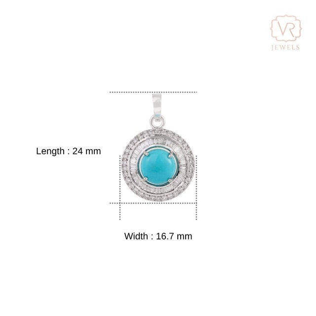 Certified 14k White Gold 1.46ct Round Turquoise & Baguette Diamond Halo Pendant For Sale - Image 11 of 16