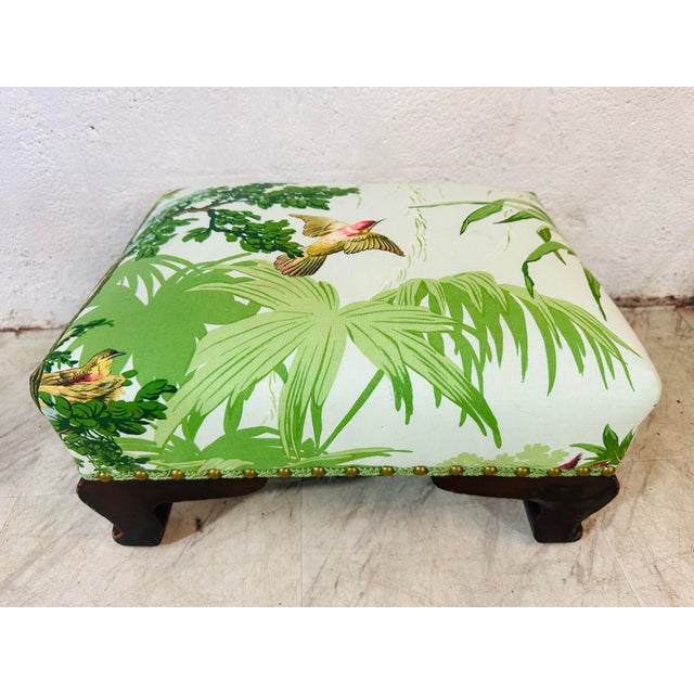 Antique Footstool – Reupholstered in Tropical Print designer fabric This charming antique footstool has been given a...