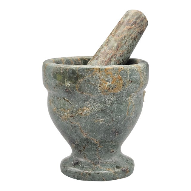Vintage Green Solid Marble Mortar and Pestle For Sale