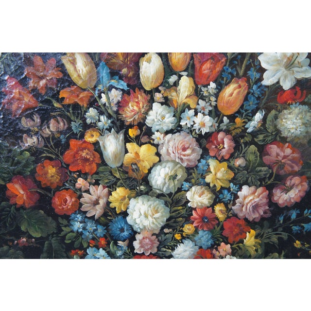 Vintage Flemish Style Floral Still Life After Pieter Bruegel Signed Oil Painting For Sale - Image 9 of 16