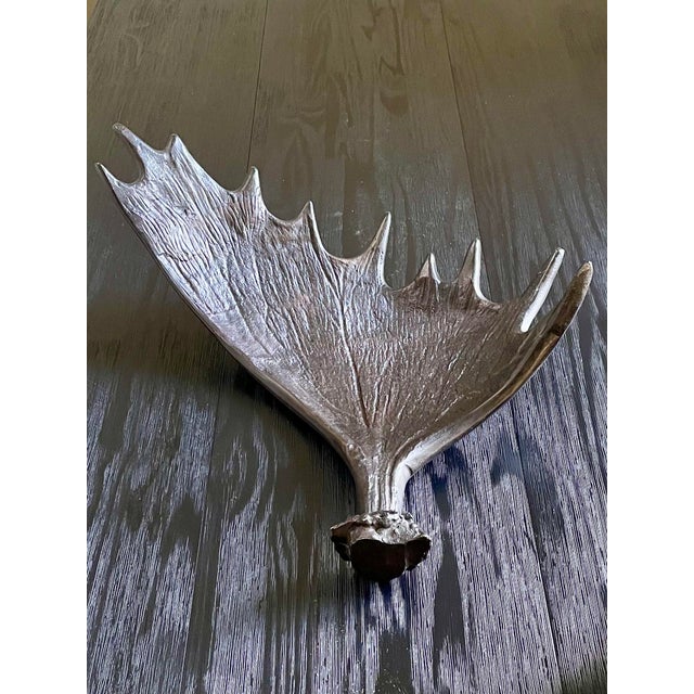 Large vintage sculptural curved bronze tone solid metal moose antler centerpiece or serving tray. Solid and heavy in...