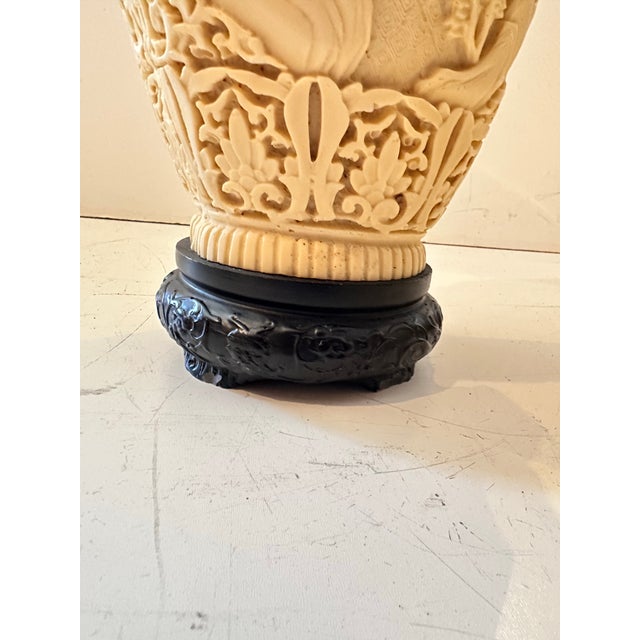 Plastic Pair of Carved Composite Elephant Vases on Black Bases For Sale - Image 7 of 10