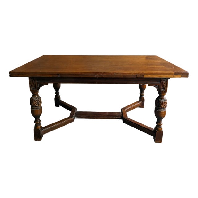 Vintage Walnut Jacobean Revival Refectory Dining Table With Carved Base For Sale