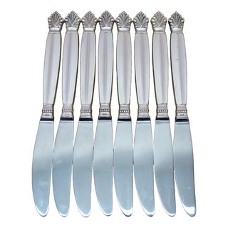 Antique Danish Georg Jensen Acanthus Dronning Sterling Silver Dinner Knives 9" - 8 pcs For Sale