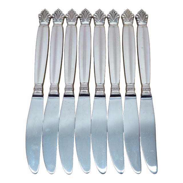 Antique Danish Georg Jensen Acanthus Dronning Sterling Silver Dinner Knives 9" - 8 pcs For Sale