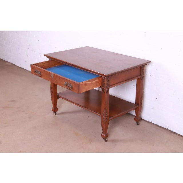 Wood Antique Victorian Carved Oak Writing Desk or Library Table, Circa 1890s For Sale - Image 7 of 13