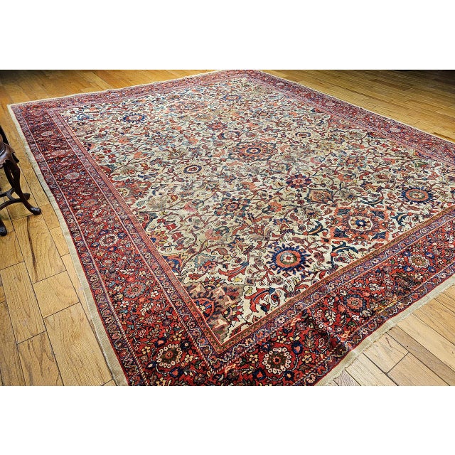 Textile Antique Persian Ziegler Mahal Sultanabad Rug, Hand-Knotted Wool, Geometric Pattern, 11x14, Ivory & Red For Sale - Image 7 of 17
