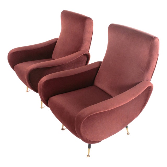 Italian Armchairs in Brick Red Velvet, 1960s, Set of 2 For Sale