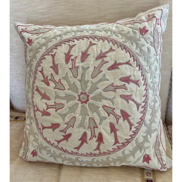 Pair of 18" x 18" pillows made from a vintage embroidered silk Suzani from Turkey. These beautiful pillows will add both...
