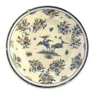 French Faience Blue and White Charger with Exotic Birds For Sale