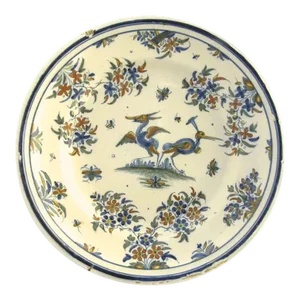 French Faience Blue and White Charger with Exotic Birds
